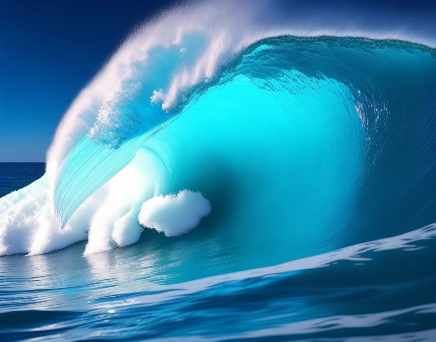 Blue wave curling in ocean under bright sky with sea foam and translucent barrel