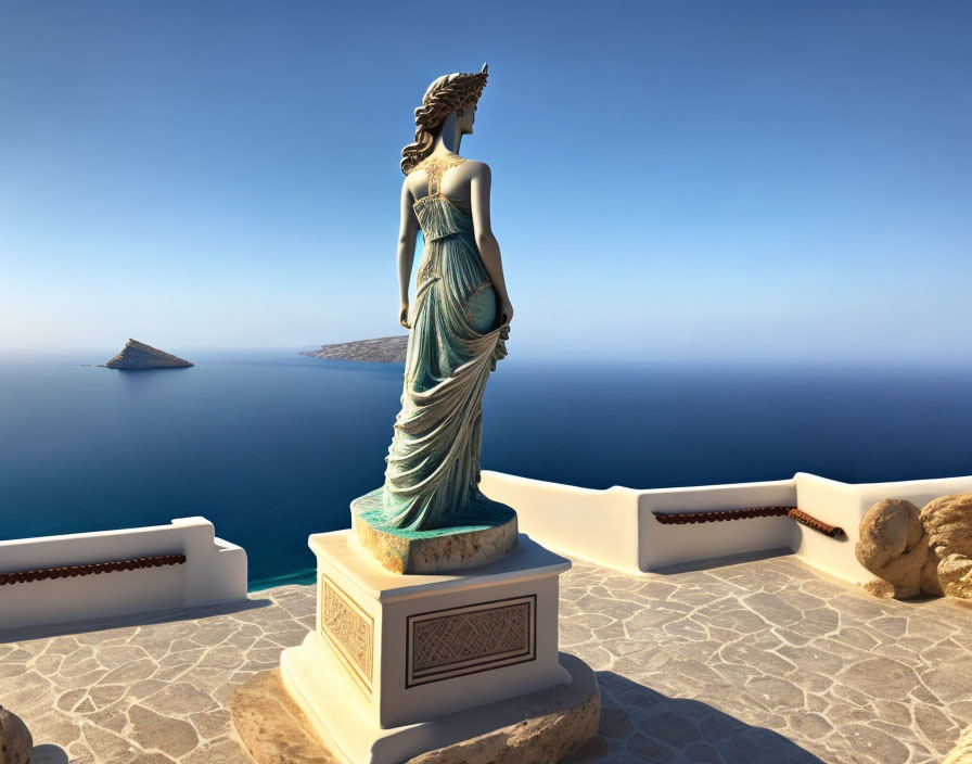 Robed female figure statue overlooking sea and island on clear day