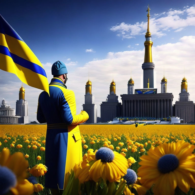 Uniformed figure with flag in field of yellow flowers near grand building under blue sky