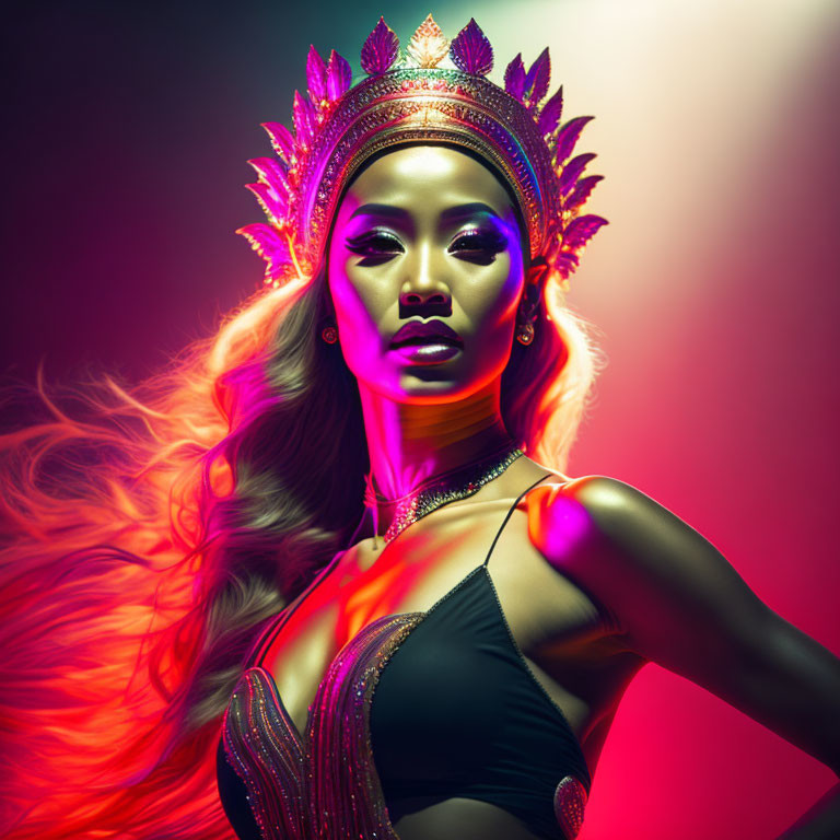 Woman with Golden Crown and Flowing Hair on Dramatic Red and Purple Background