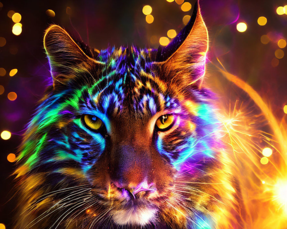 Colorful Tiger Image with Psychedelic Pattern and Glowing Eyes