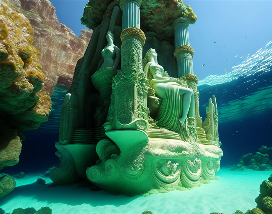 Green Ornate Underwater Ruins Surrounded by Coral and Fish