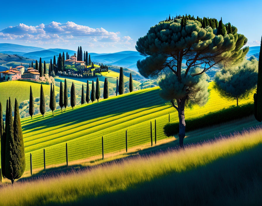 Scenic landscape with green hills, trees, and house in the distance