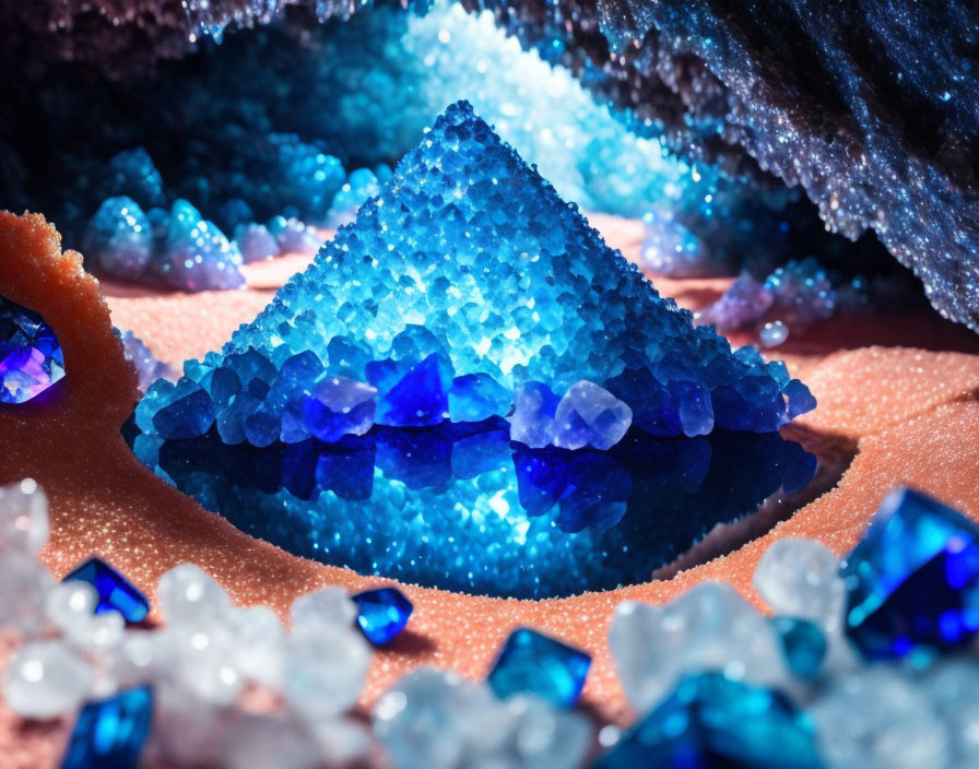 Blue Crystal Pyramid Surrounded by Blue and White Crystals on Sandy Background