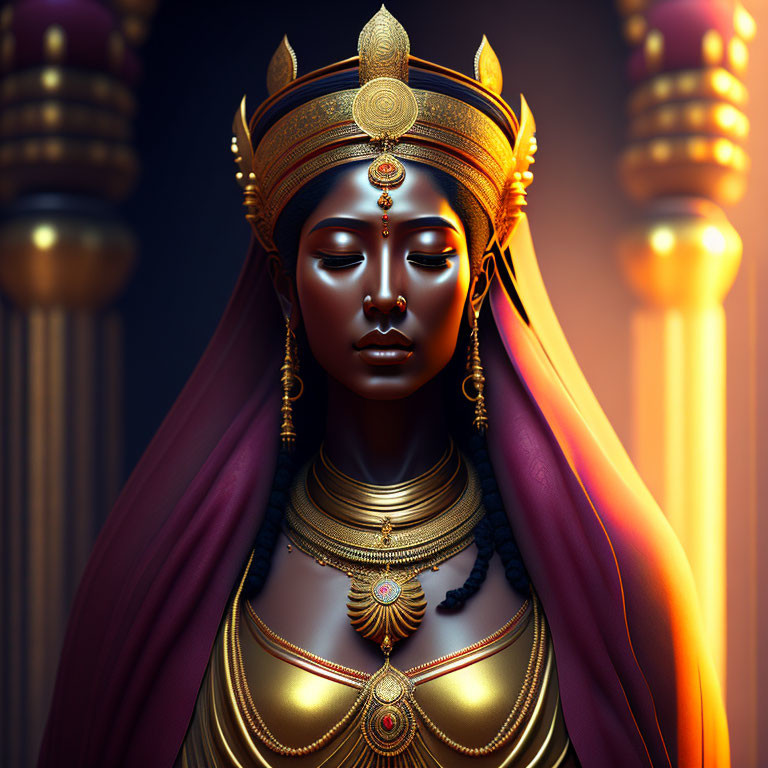 Regal figure adorned in golden jewelry and crown in front of glowing pillars.