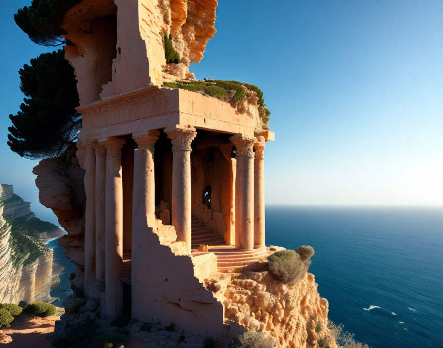 Ancient temple-like structure on rugged cliff by calm blue sea