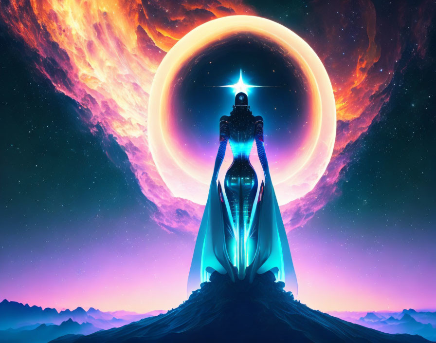 Futuristic figure meditating on mountain peak with cosmic backdrop