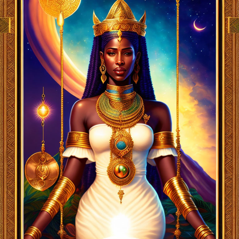 Regal African Queen Illustration with Sunset Sky and Celestial Symbols