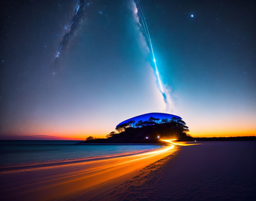 Streaking meteor over vibrant night sky and coastal road at twilight