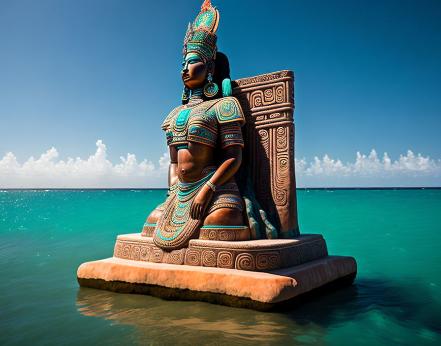 Colorful seated figure statue with intricate headdress and patterns against serene ocean and sky.