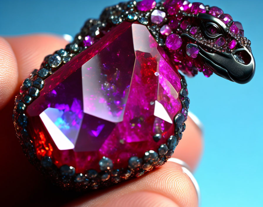 Ornate reptile head pendant with purple gemstone & black diamond details