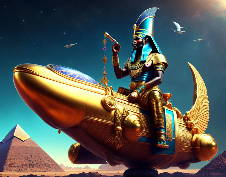 Futuristic depiction of an Egyptian pharaoh on golden spaceship