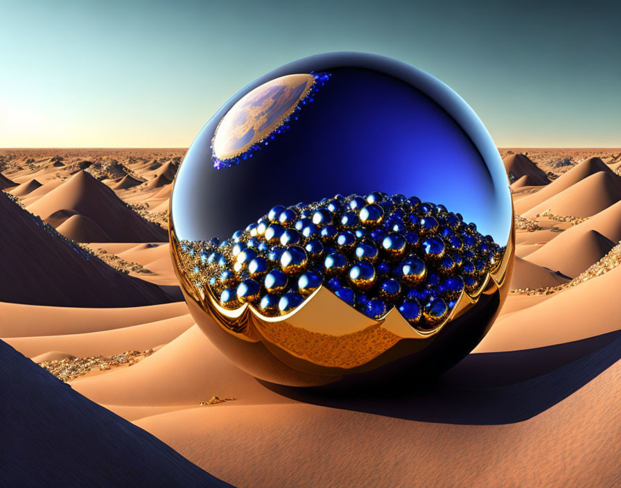 Intricate Golden Patterns on Reflective Spherical Object in Desert