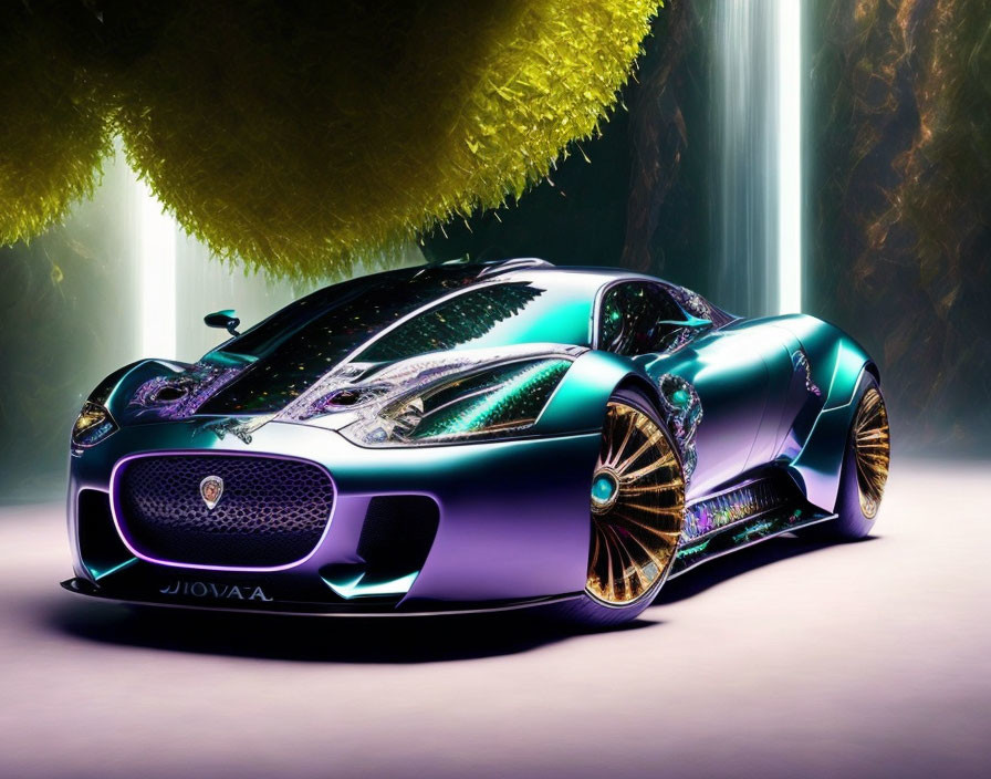 Luxurious Purple Sports Car with Gold Accents in Futuristic Showroom