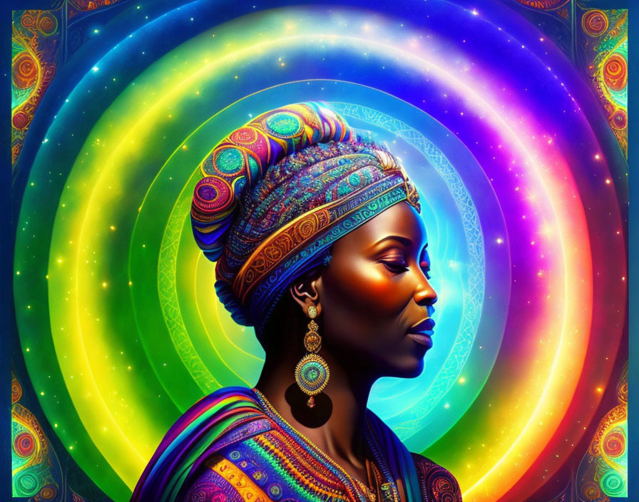 Colorful African woman profile with turban on cosmic backdrop