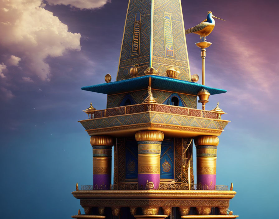 Whimsical Middle Eastern tower with ornate details and blue bird under serene sky