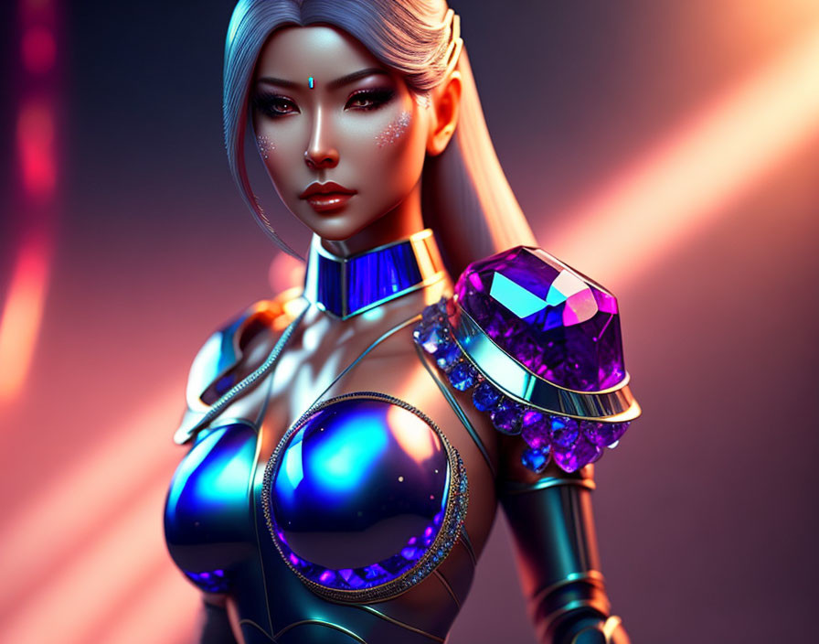 Digital artwork of female futuristic warrior with silver hair, blue glowing armor, crystals, jewels, against red