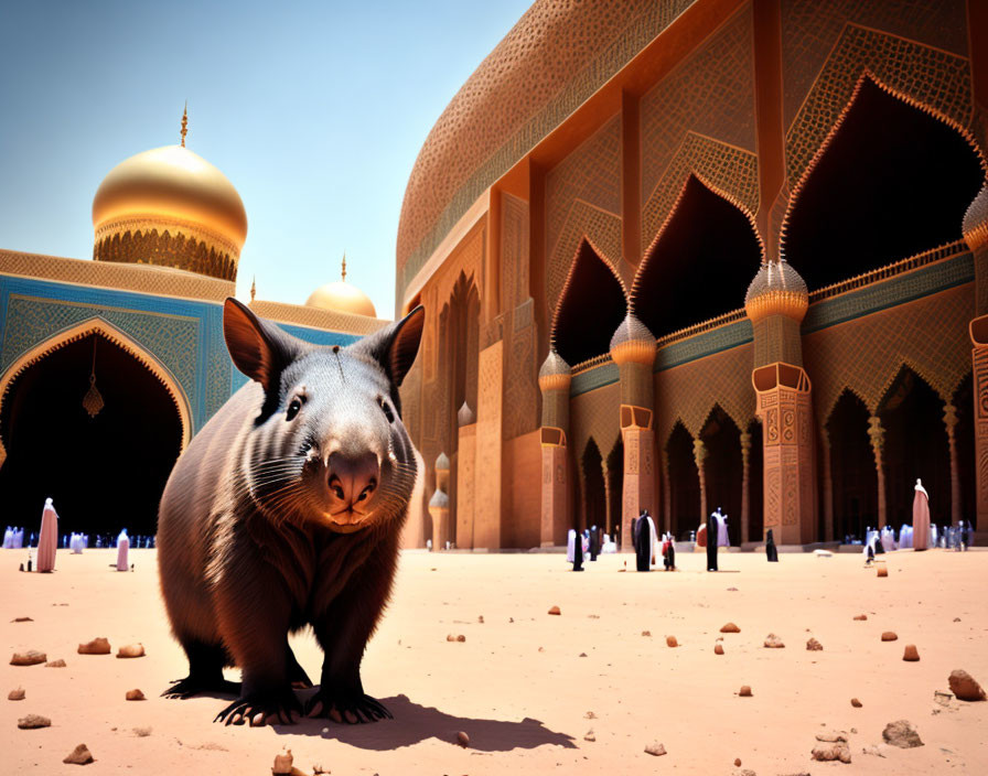 Digitally altered image: Large rodent at ornate mosque with golden domes, people in traditional