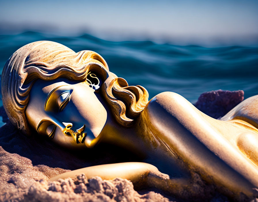 Golden statue of serene woman on rocky beach with waves and clear blue sky