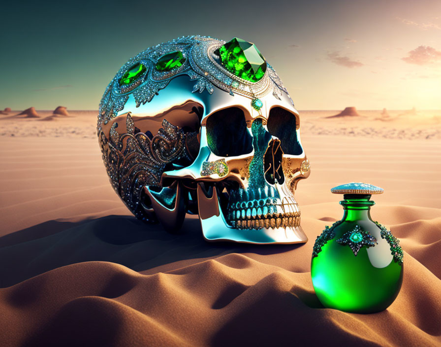 Jeweled skull and decorative bottle in desert landscape with pyramids at sunset