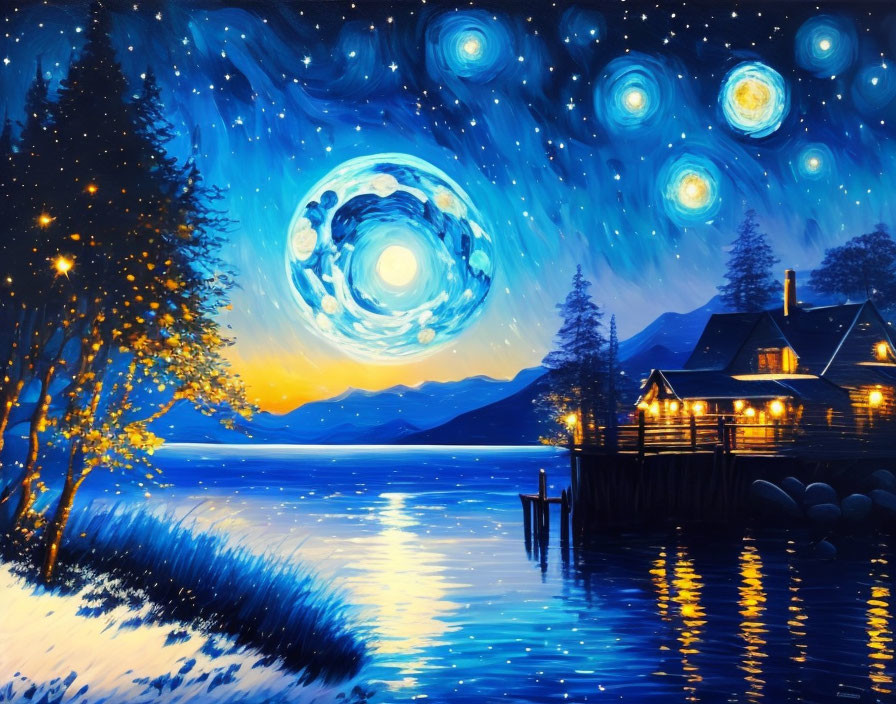 Nighttime lakeside cabin painting with illuminated windows and multiple moons