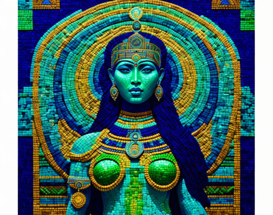 Colorful mosaic artwork of blue-skinned female figure with traditional ornaments and radiant halo.