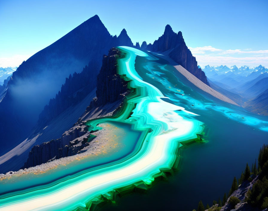 Digitally manipulated image of turquoise rivers and mountain peaks