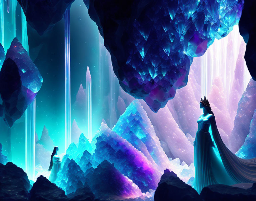 Crystal cavern with blue and purple formations and robed figures