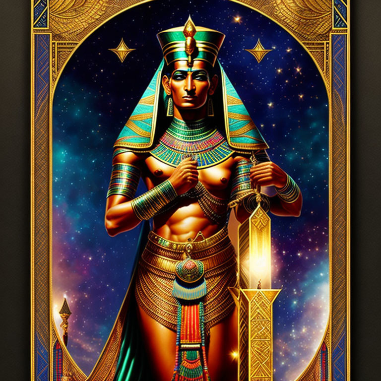 Egyptian Pharaoh in Traditional Regalia and Hieroglyphic Background