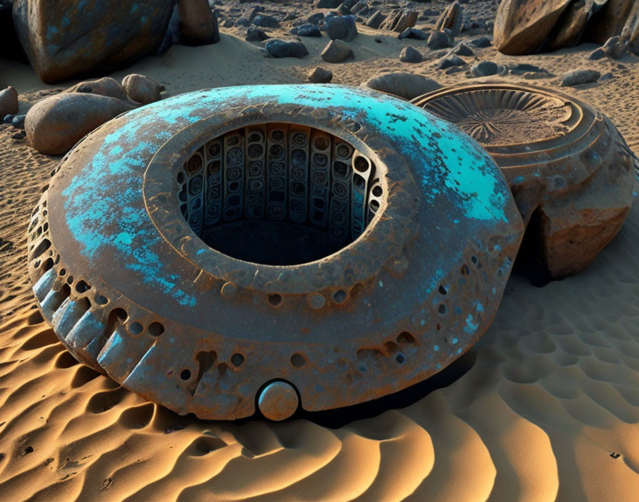 Futuristic blue patina object half-buried in desert sand