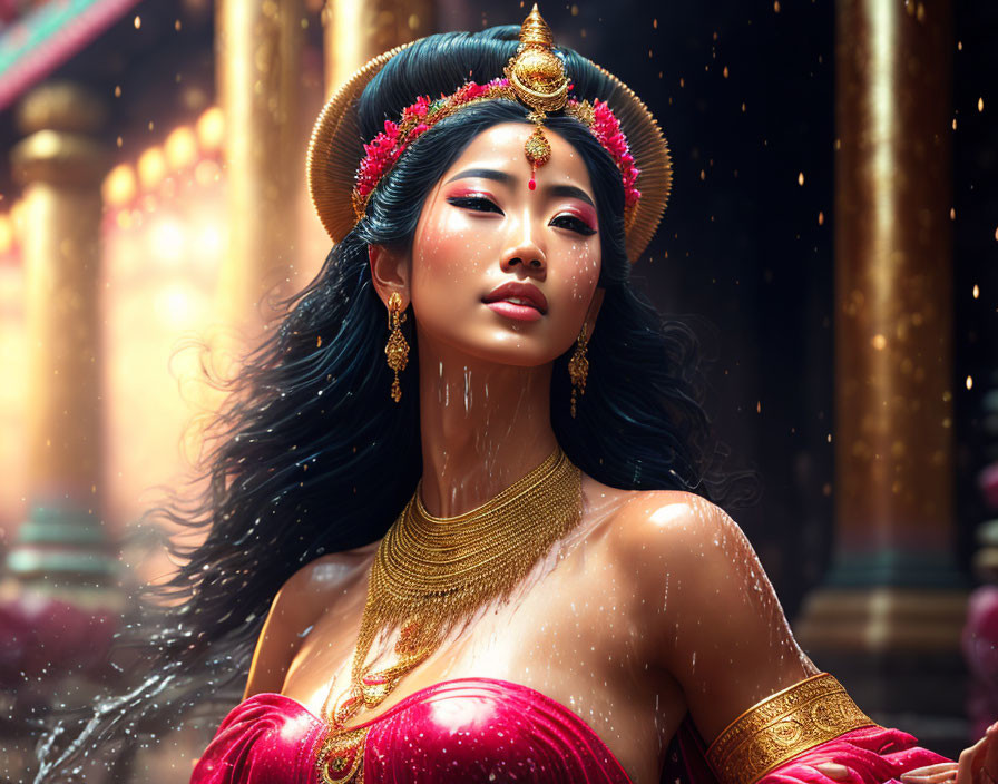 Digital illustration of woman in traditional Thai attire with gold jewelry in temple setting.