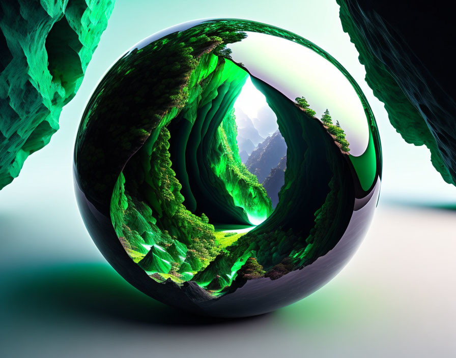 Surreal glossy sphere reflecting lush green landscape with mountains