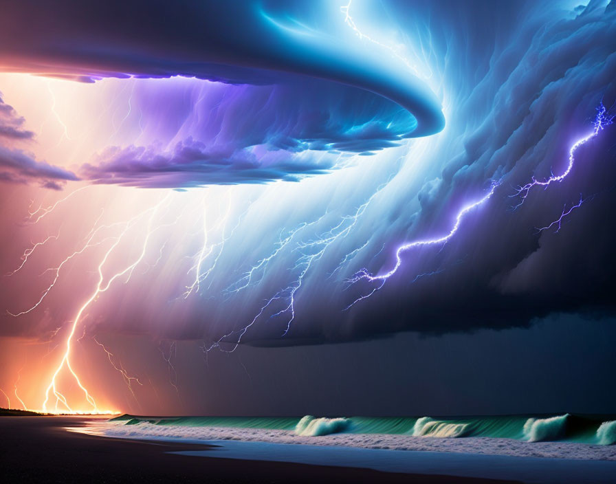 Massive Supercell Cloud Unleashing Lightning on Deserted Beach