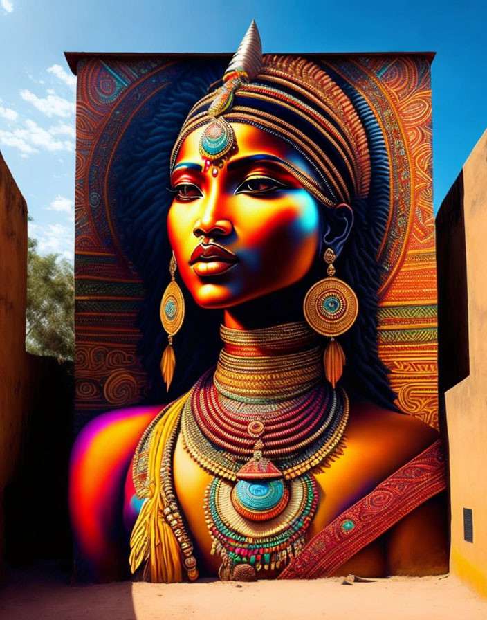 Colorful mural featuring woman with ethnic jewelry and headdress against blue sky and orange architecture.