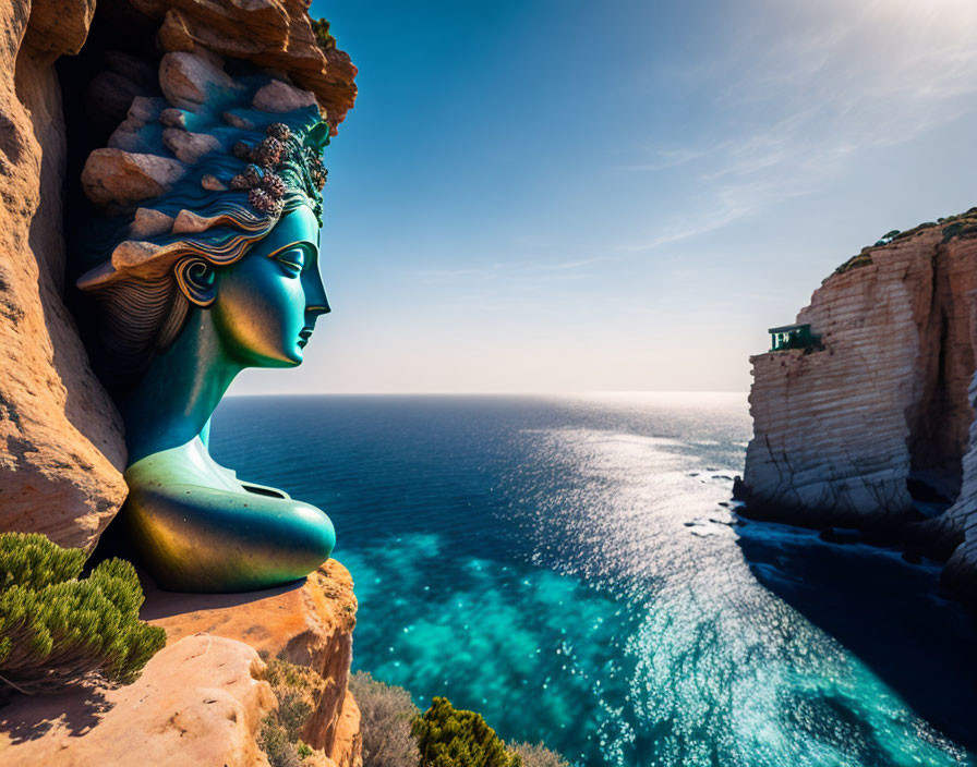 Colorful Woman's Head Sculpture on Seaside Cliff Overlooking Blue Ocean