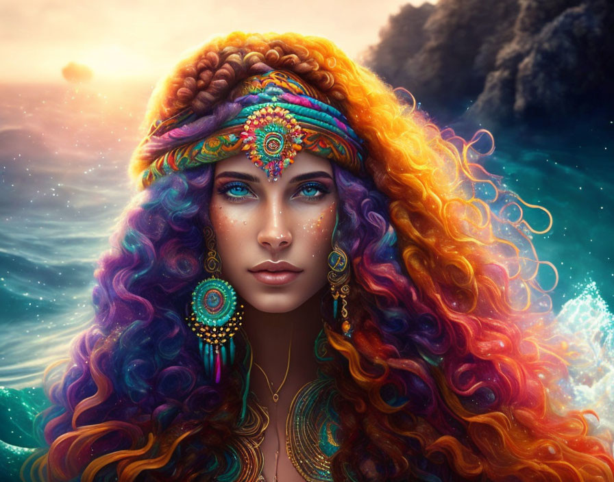 Colorful digital portrait of woman with curly hair and bohemian accessories by the sea at sunset