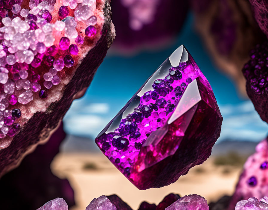 Amethyst crystal and geodes against blue sky