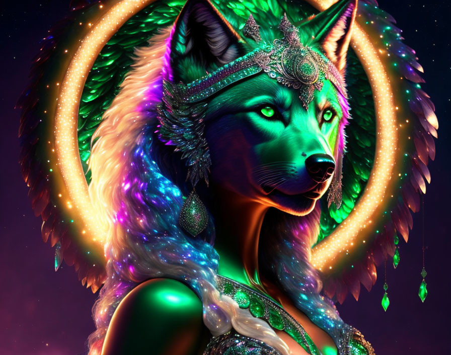 Regal wolf adorned with crown and jewelry in cosmic setting