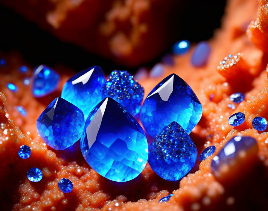 Faceted Vibrant Blue Gemstones on Coral-Like Textured Surface