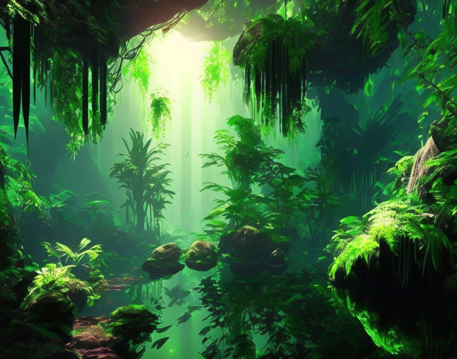 Serene forest with lush green foliage and sunlight filtering through canopy