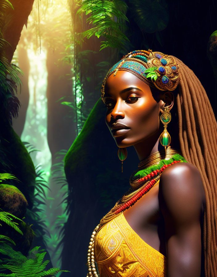 Woman in traditional attire with intricate jewelry in lush jungle setting