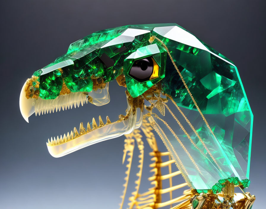 Luxurious gemstone-encrusted dinosaur skull sculpture on gradient background