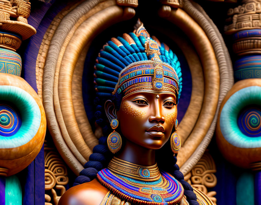 Colorful Egyptian Queen Statue with Traditional Headdress and Ornate Jewelry