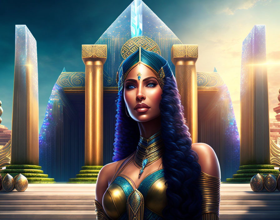 Illustrated woman with blue and gold headgear and jewelry in front of futuristic Egyptian-like backdrop