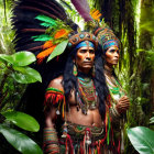 Two people in feathered headdresses and tribal clothing in lush forest