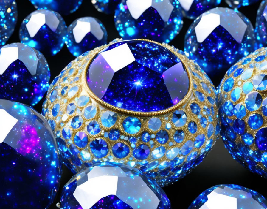 Shiny cosmic-themed spheres with blue and gold patterns on dark background