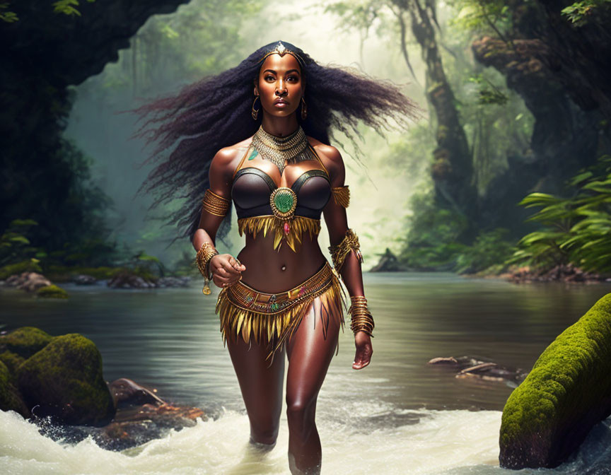 Digital art: Woman in tribal attire in misty forest stream