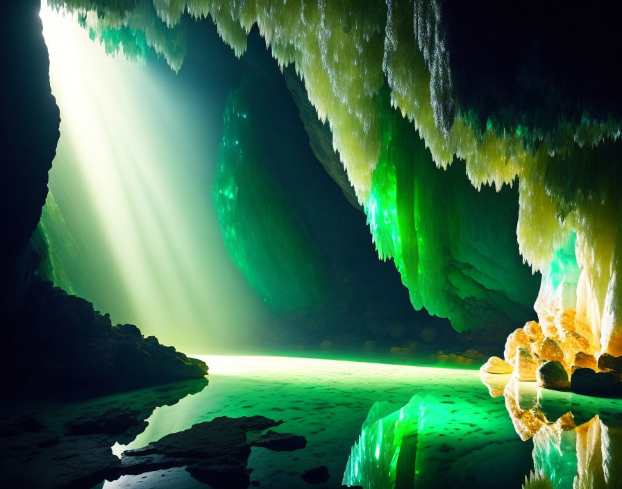 Tranquil subterranean water pool with illuminated cave formations