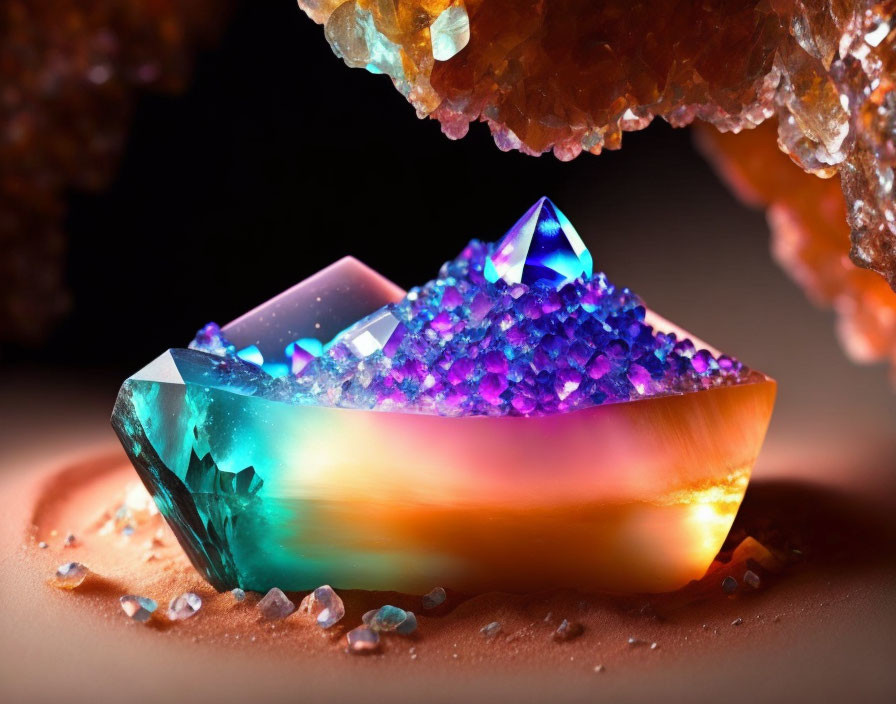 Colorful Blue and Purple Crystal Geode on Amber Base Against Dark Background