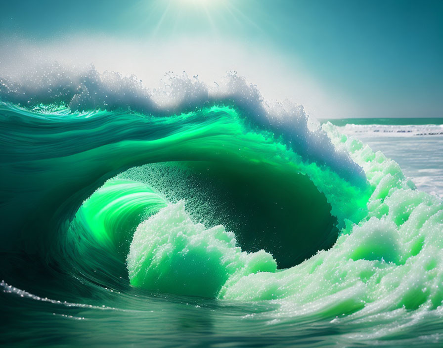 Translucent Green Wave with Sunlight on Ocean